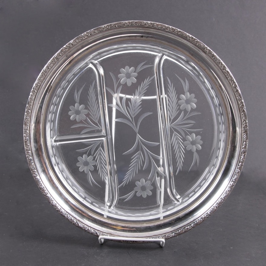 Etched Glass Serving Dish with Sterling Silver Rim