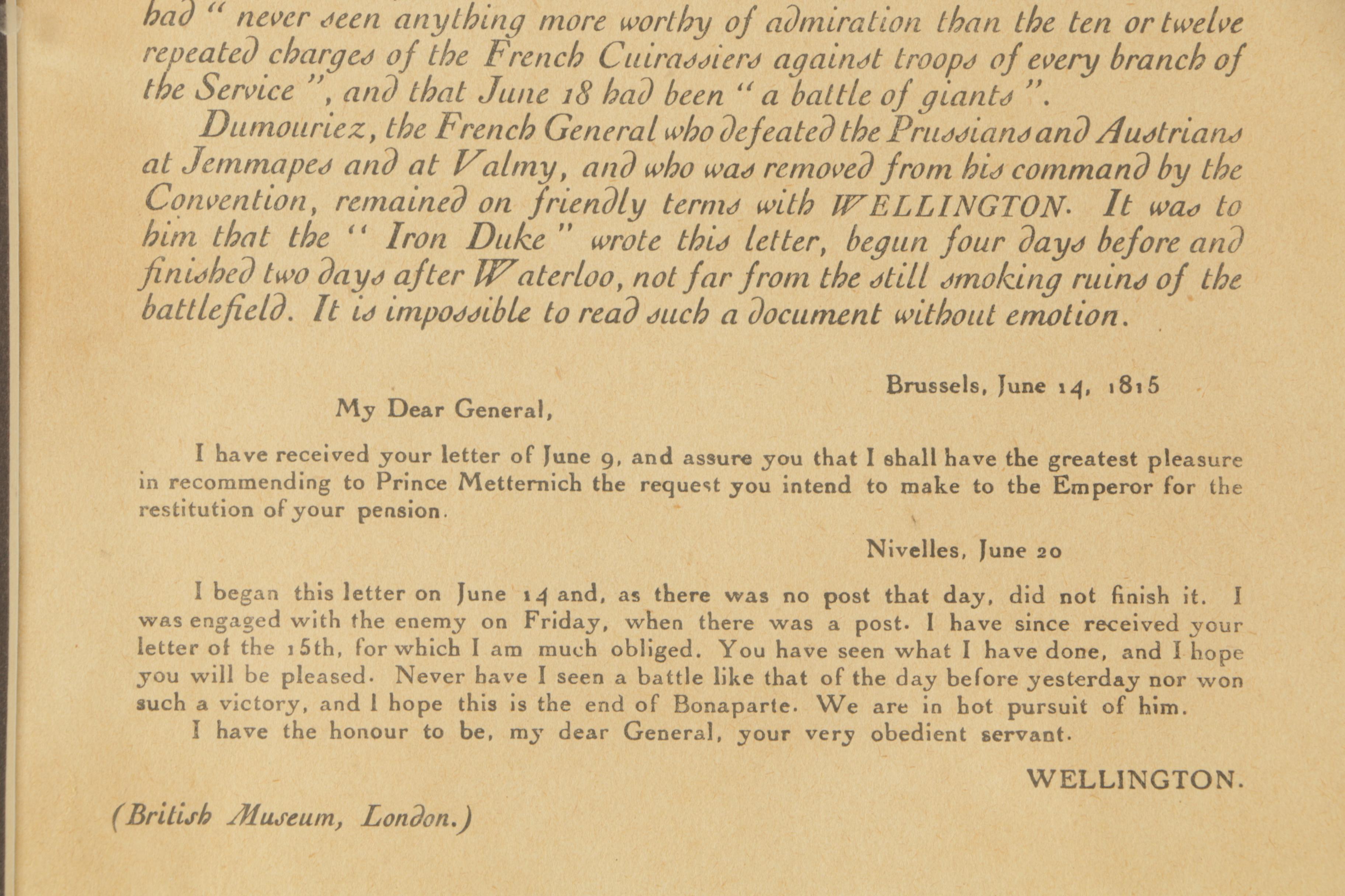 Reproduction of the Duke of Wellington's Account of the Battle of Waterloo