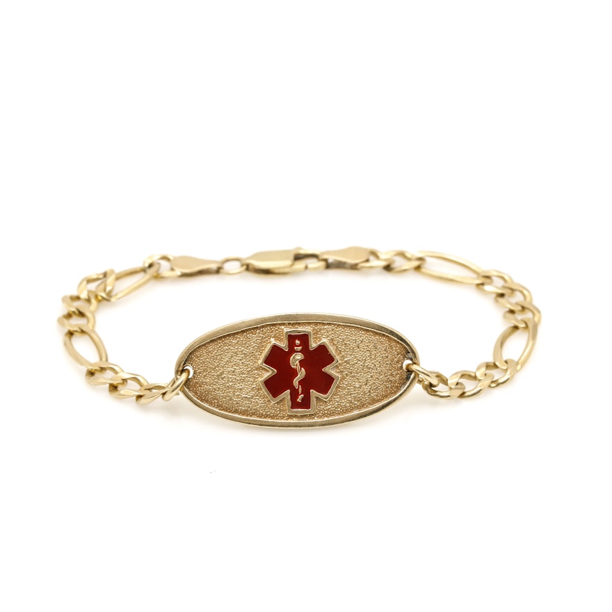14K Yellow Gold Medical Identification Bracelet With Red Enamel Accent