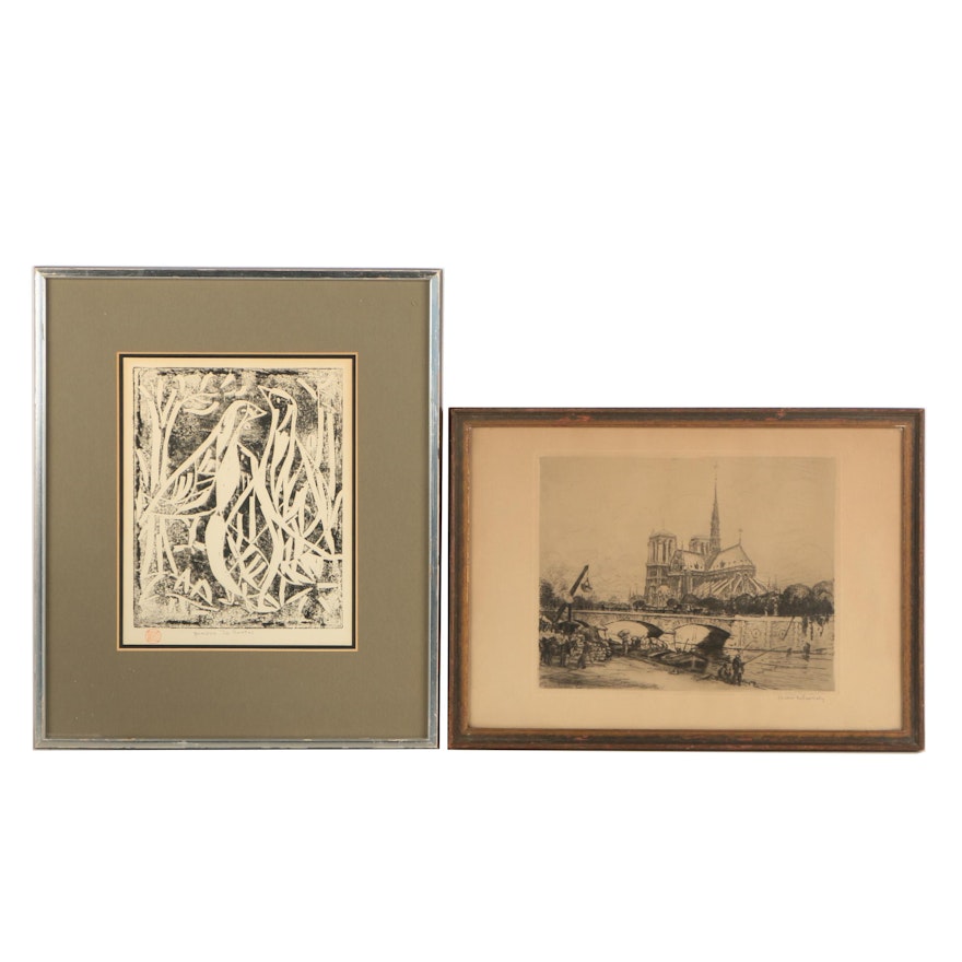 Original Prints Including an Etching of Notre Dame Cathedral
