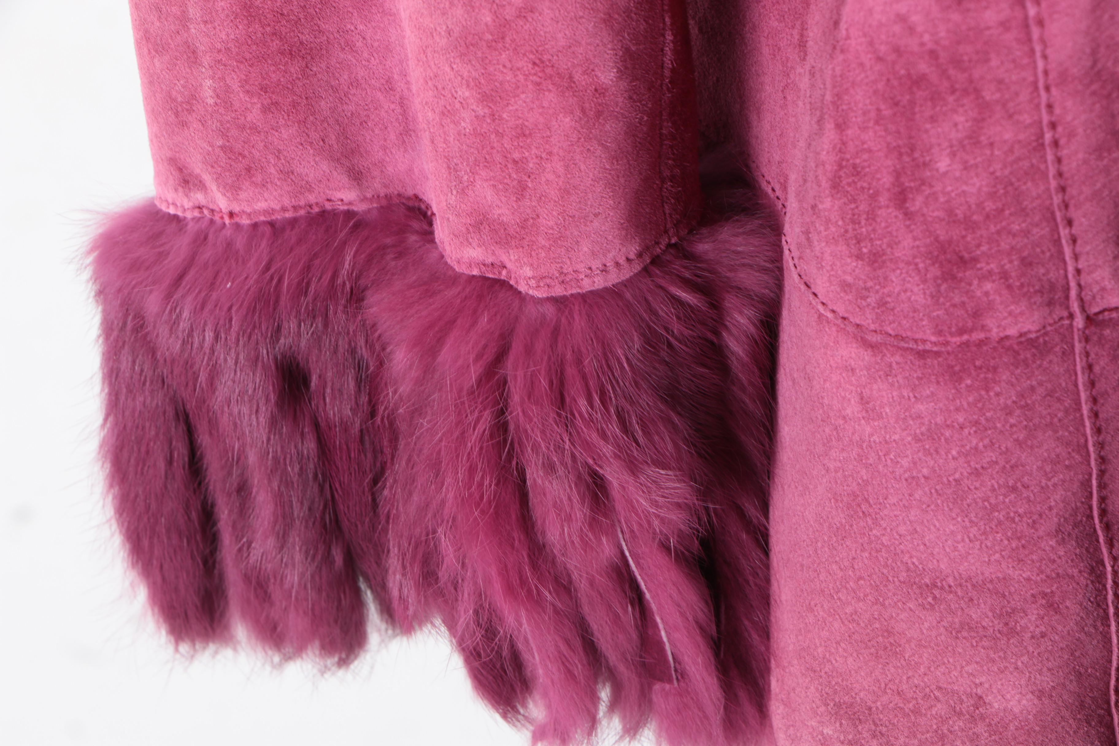 Nancy Bolen City Girl Dyed Raspberry Suede and Rabbit Fur Coat