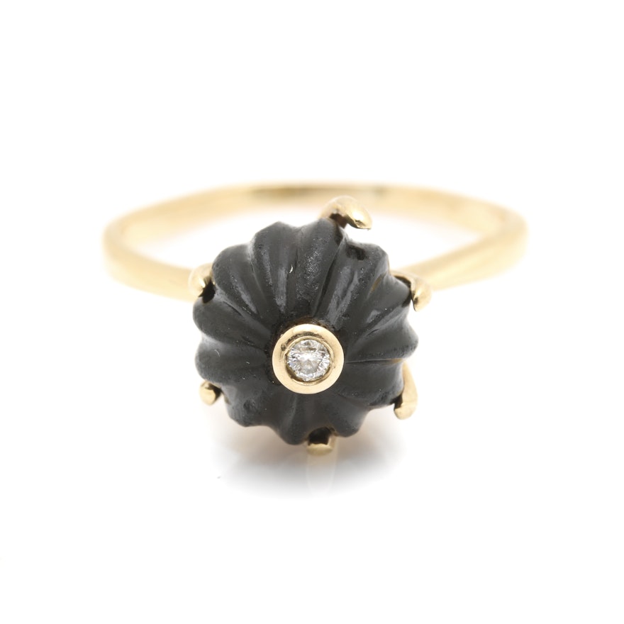 14K Yellow Gold Black Onyx and Diamond High Set Ring