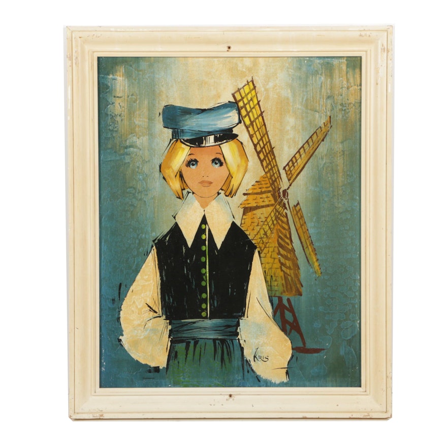 Kris Circa 1960s Embellished Serigraph on Masonite of Dutch Woman and Windmill