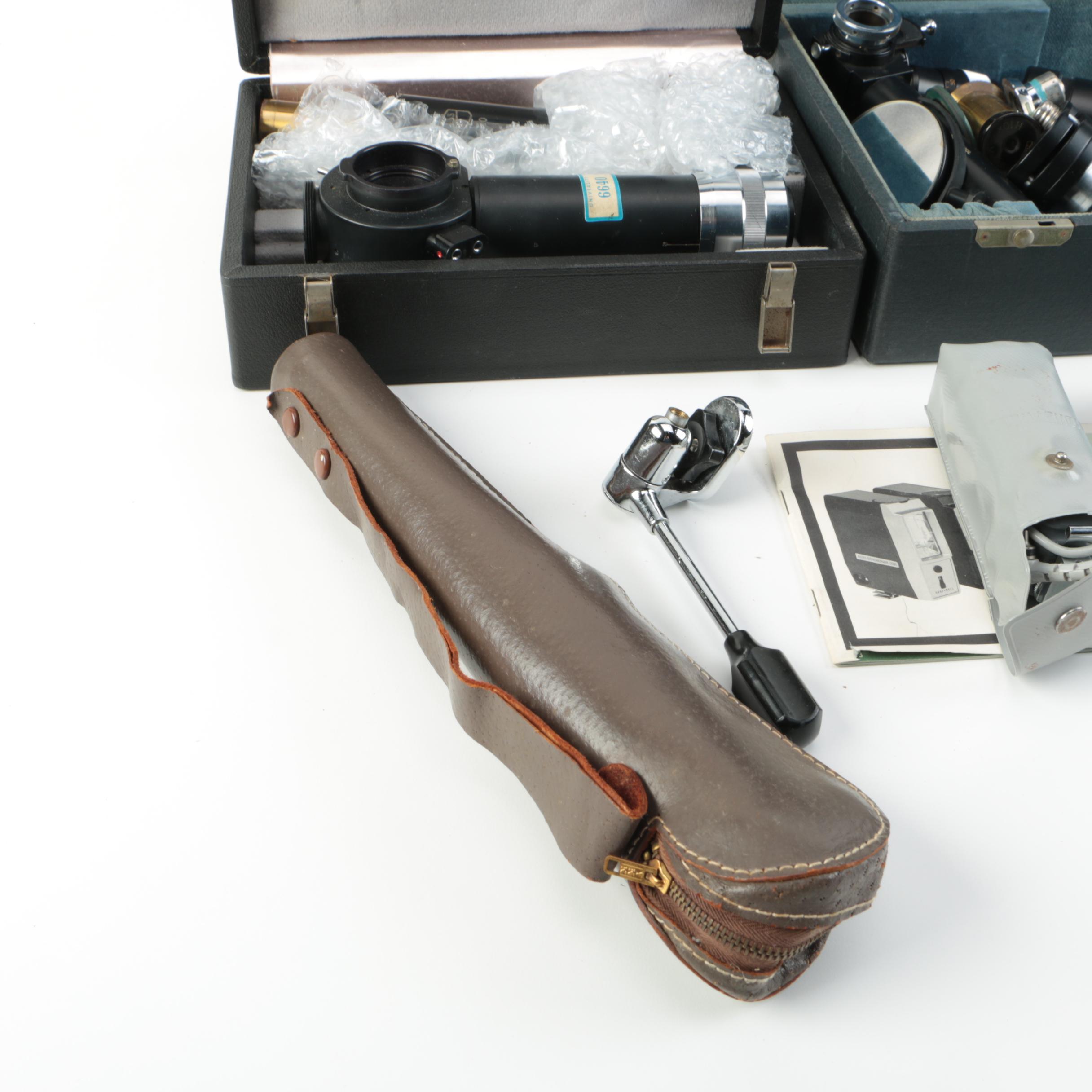 Vintage Carl Zeiss Jena Microscope Parts with Honeywell Camera Flash