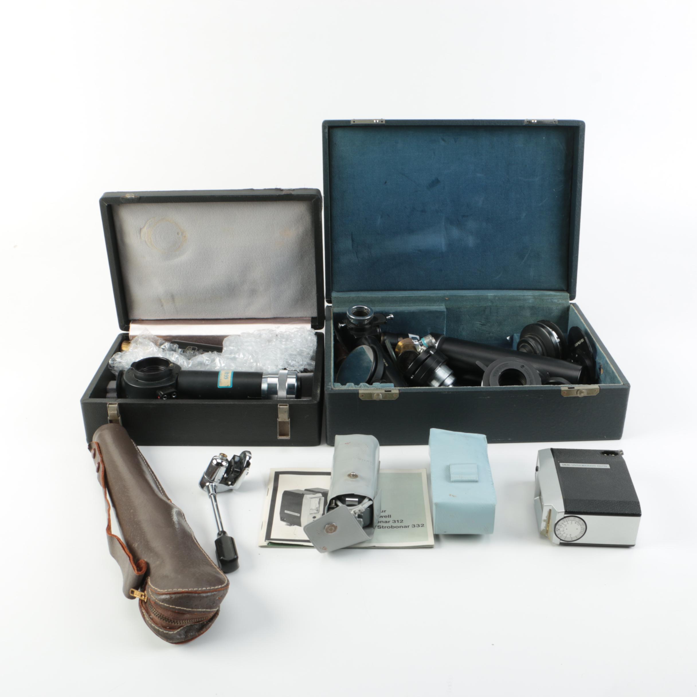 Vintage Carl Zeiss Jena Microscope Parts with Honeywell Camera Flash