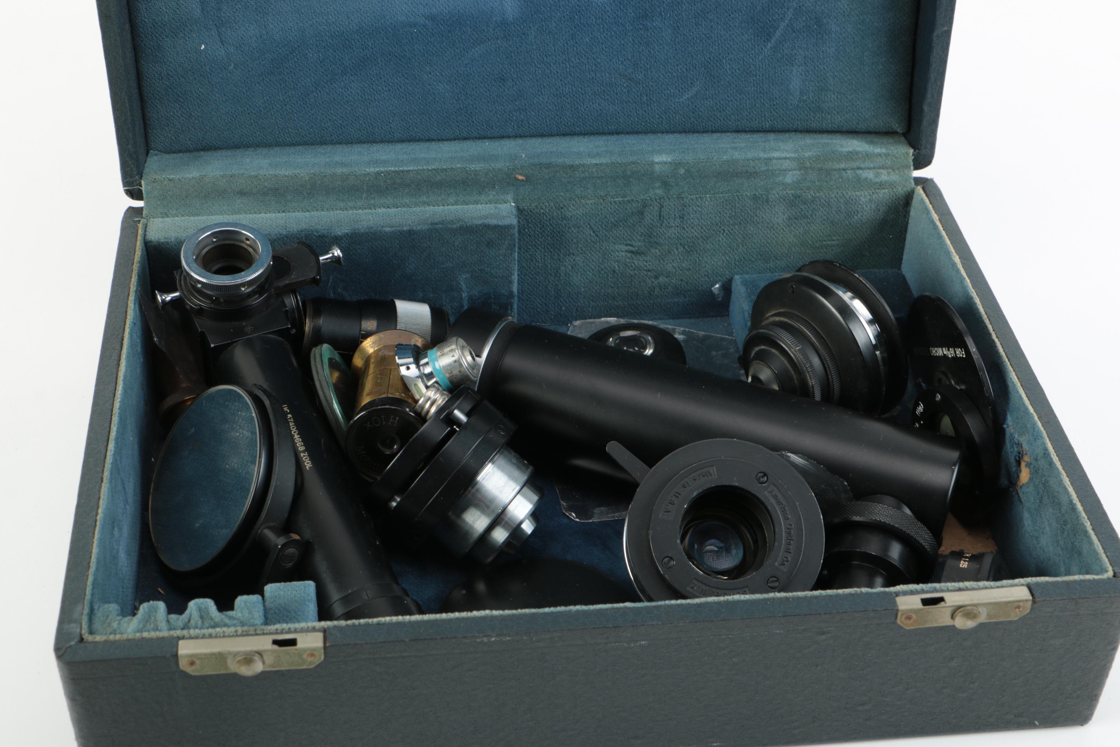 Vintage Carl Zeiss Jena Microscope Parts with Honeywell Camera Flash