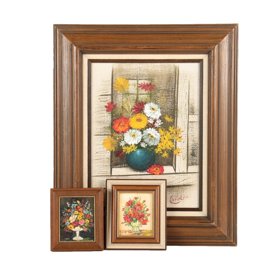 Helen Field and Corveau Oil Paintings of Floral Arrangements