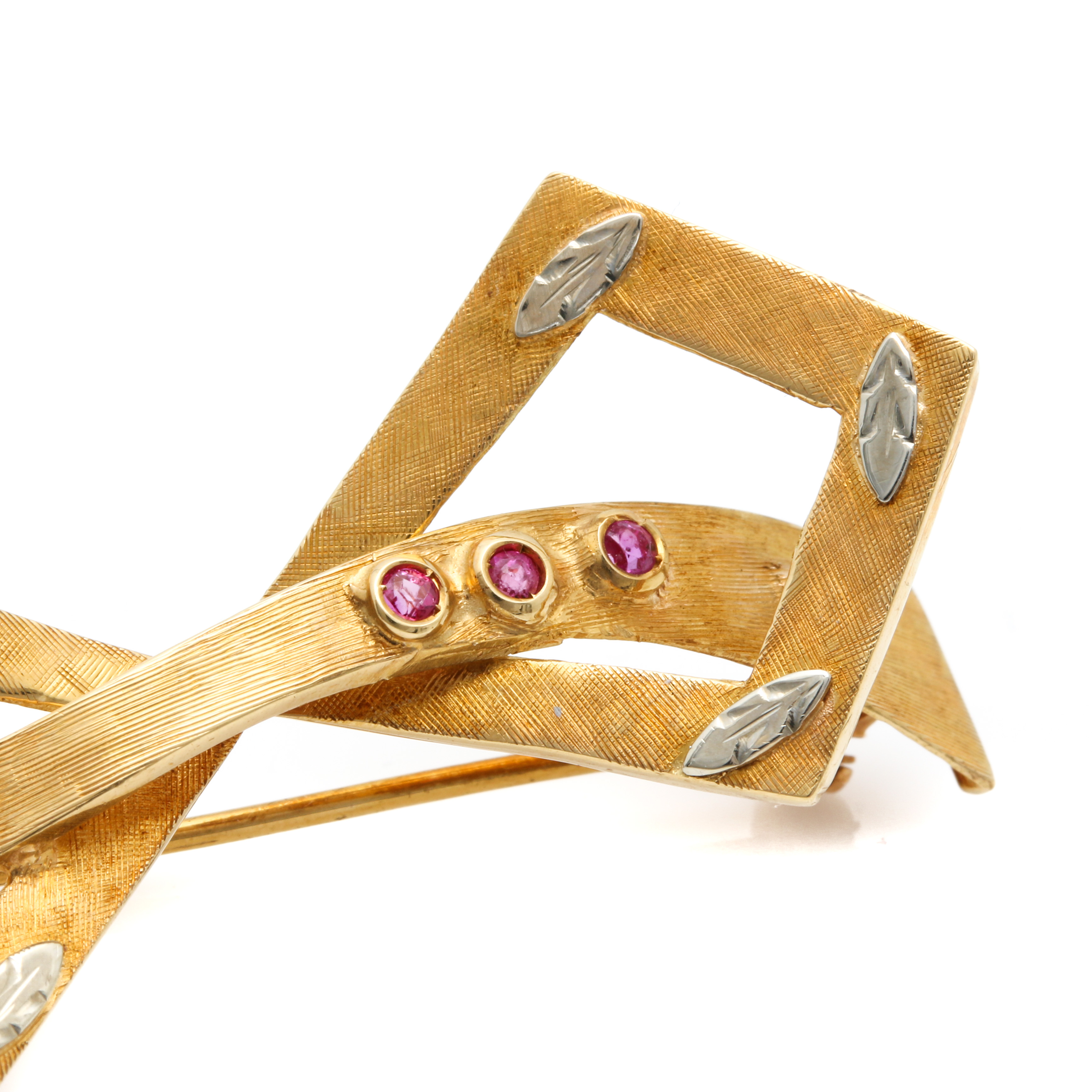 18K Yellow Gold Ruby Bow Brooch With 18K White Gold Accents