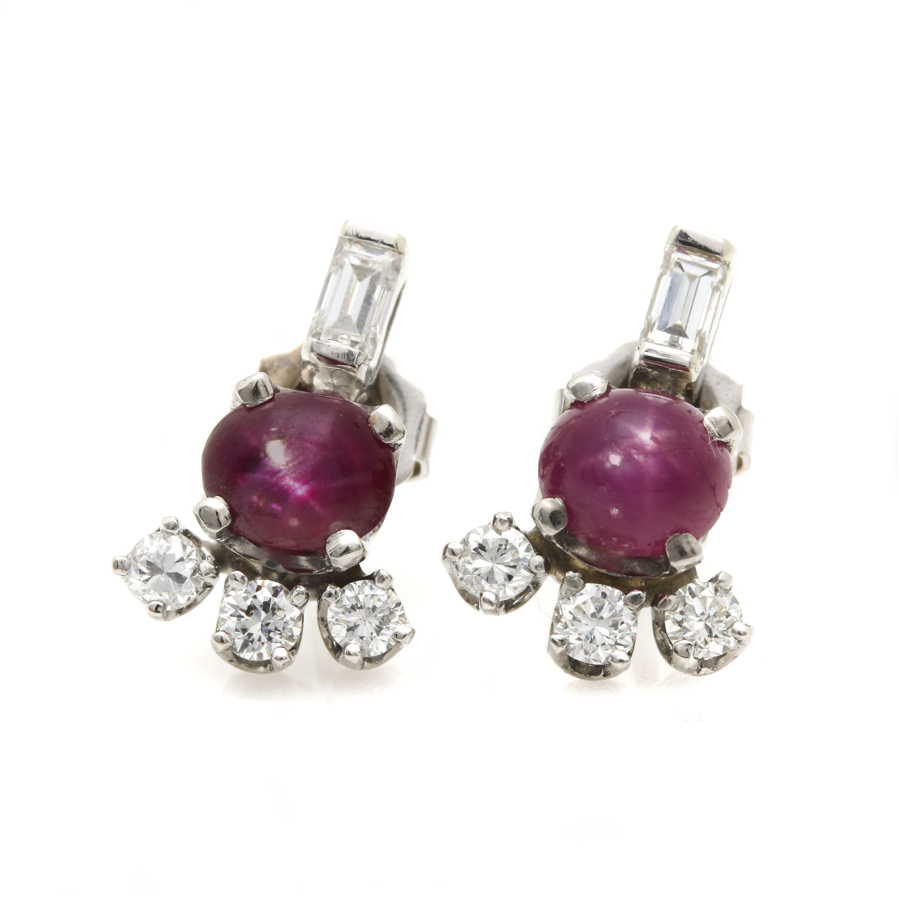 Palladium and 14K White Gold Star Ruby and Diamond Earrings