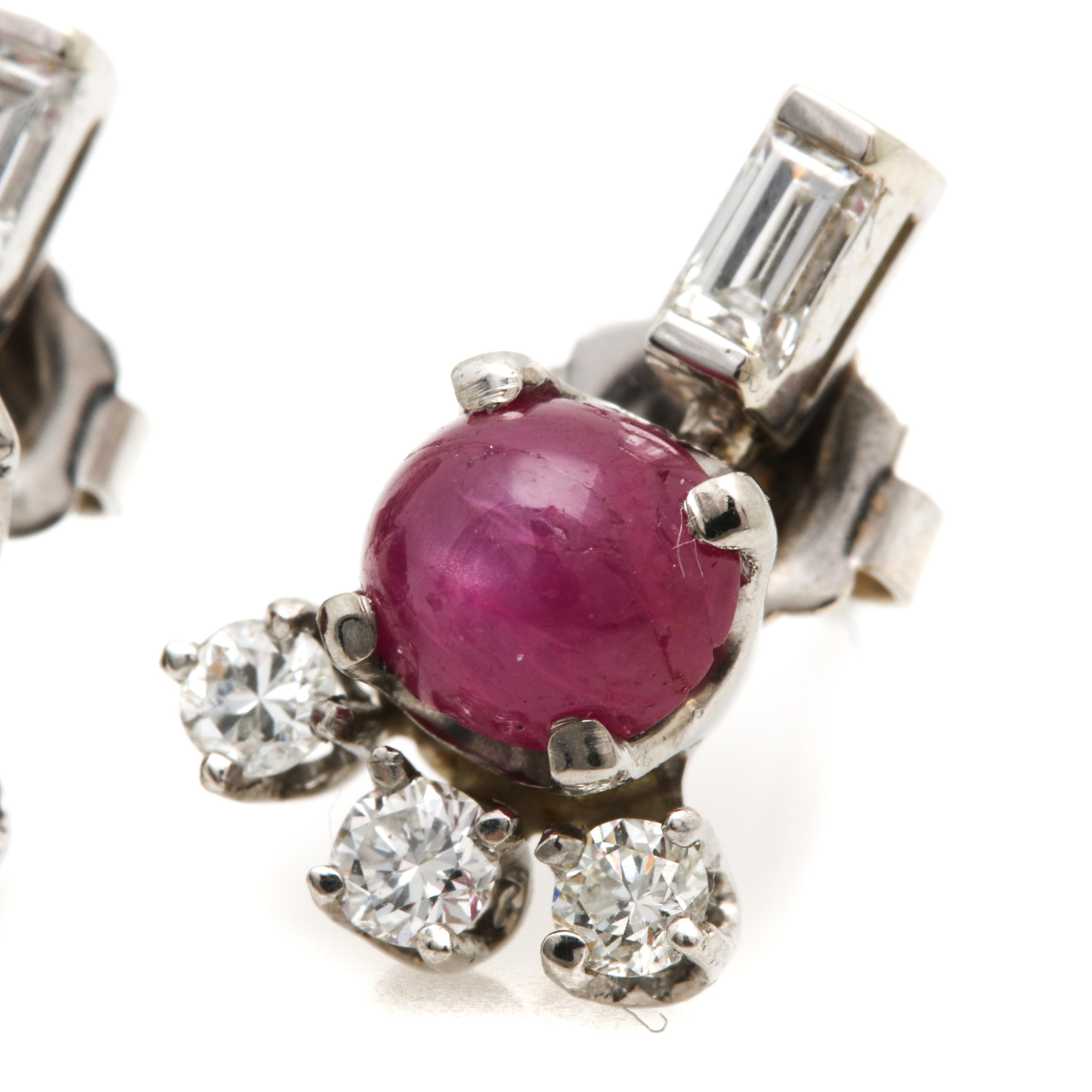 Palladium and 14K White Gold Star Ruby and Diamond Earrings