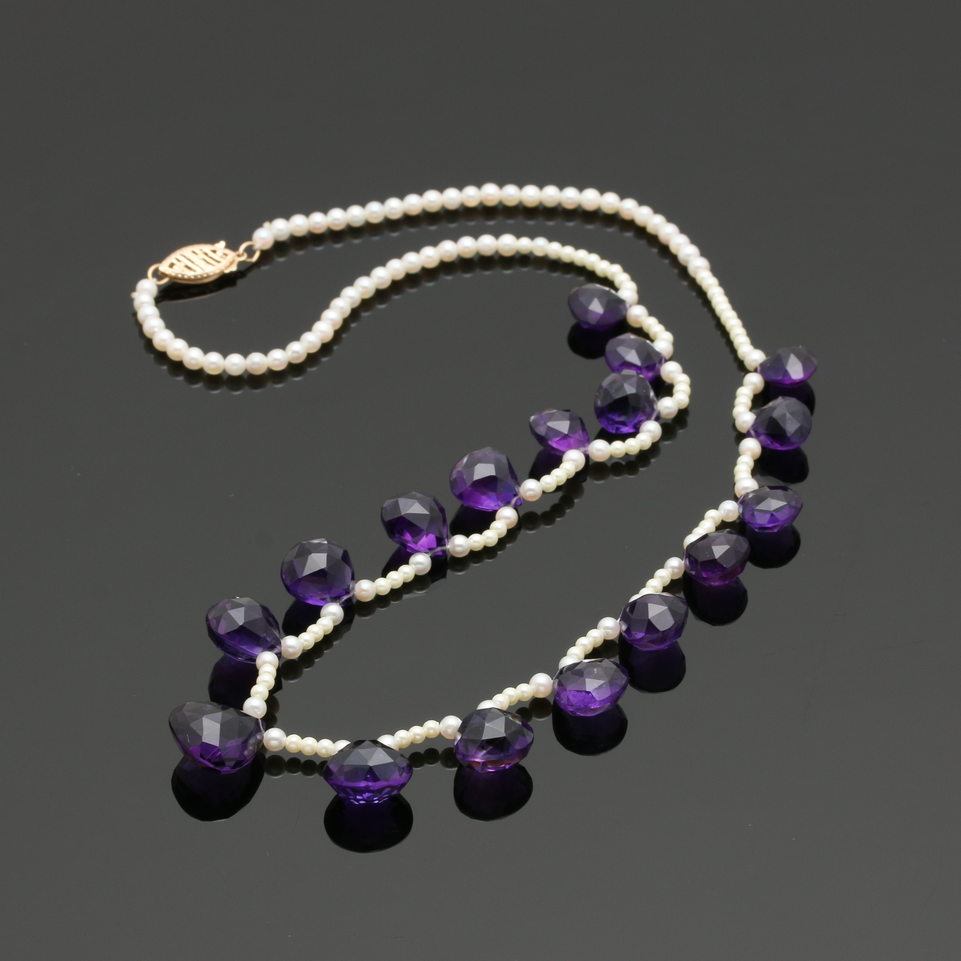 14K Yellow Gold Cultured Pearl and Amethyst Briolette Necklace