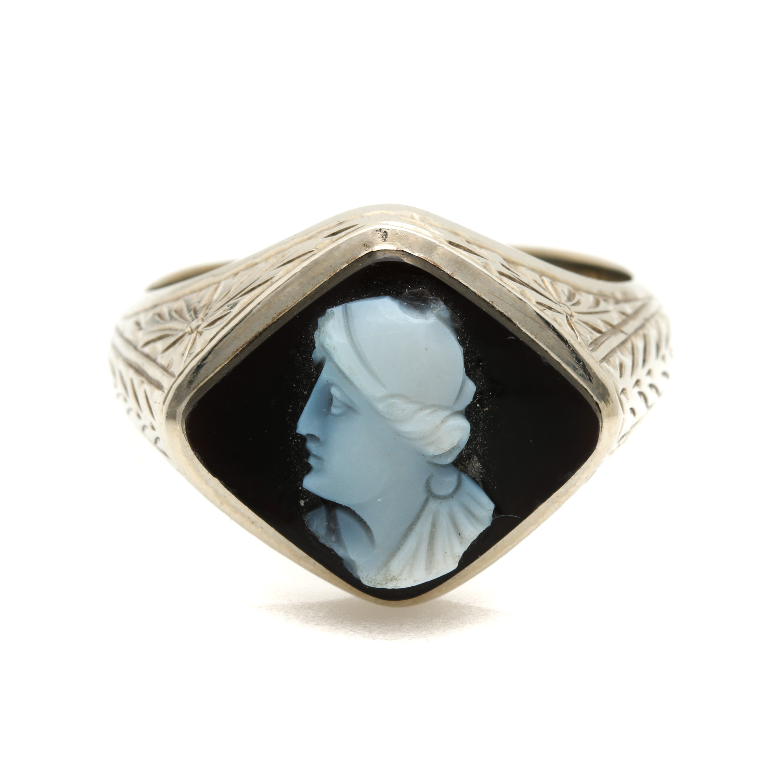 14K White Gold Onyx Cameo Ring