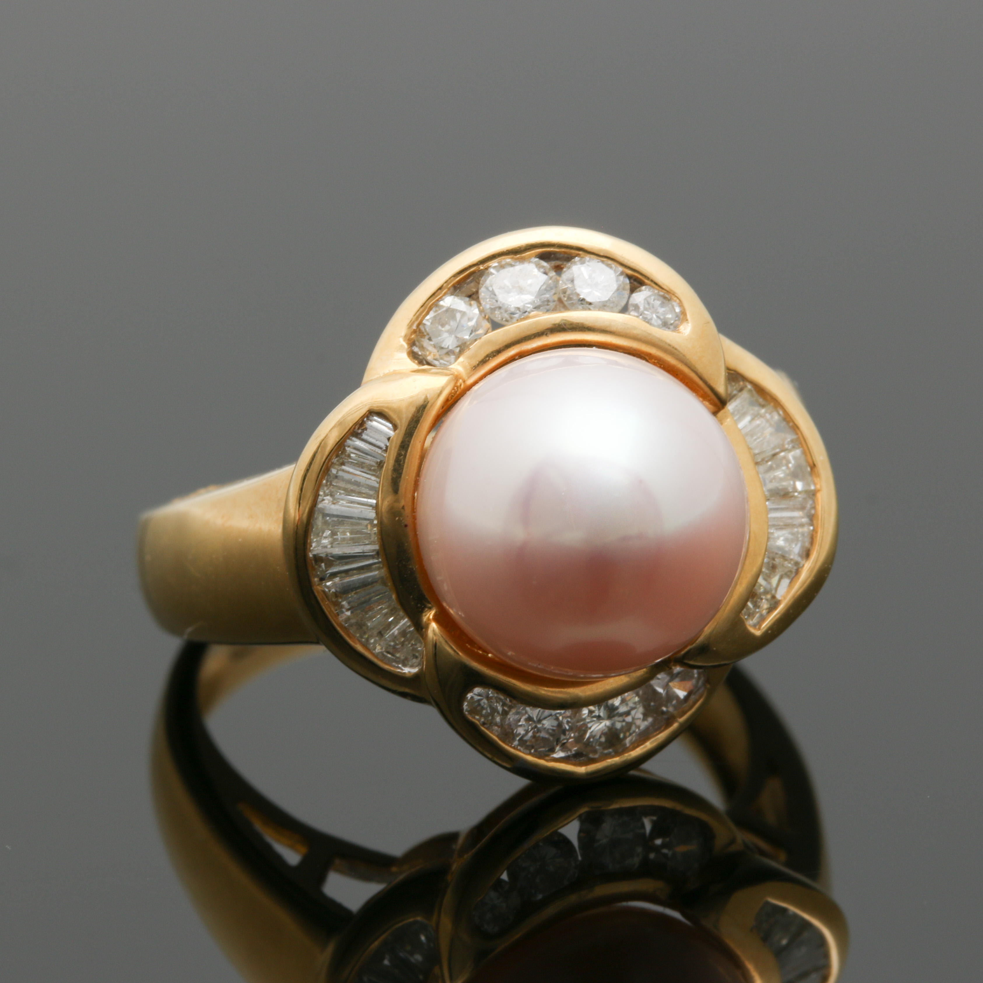 18K Yellow Gold Cultured Pearl and Diamond Ring