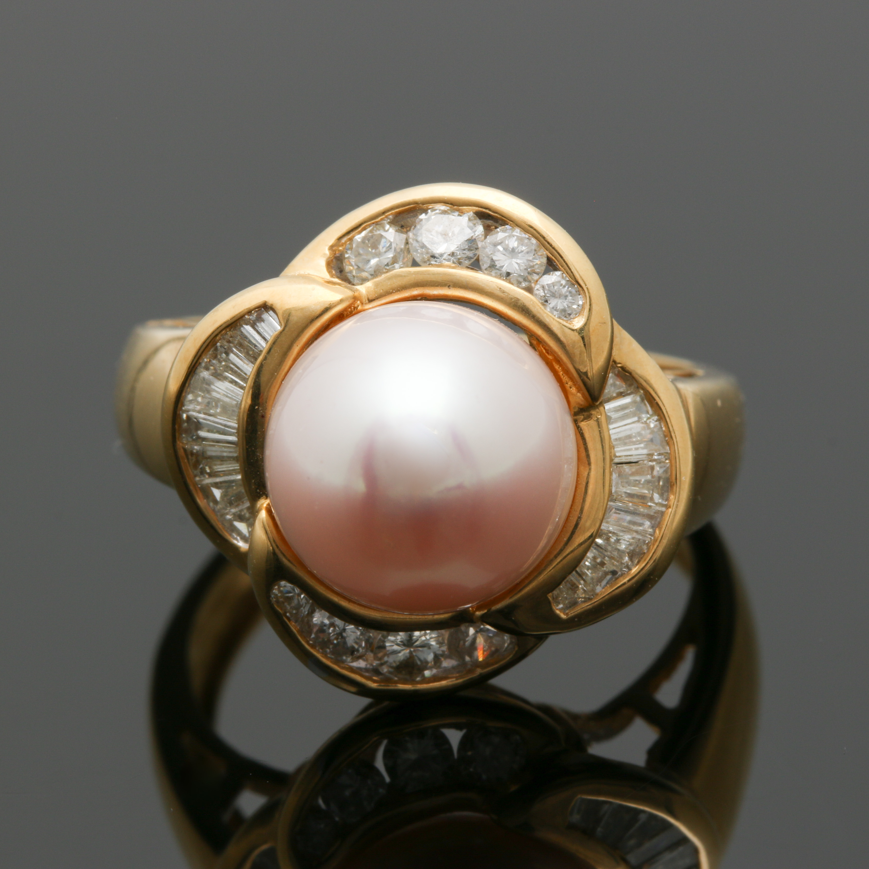 18K Yellow Gold Cultured Pearl and Diamond Ring