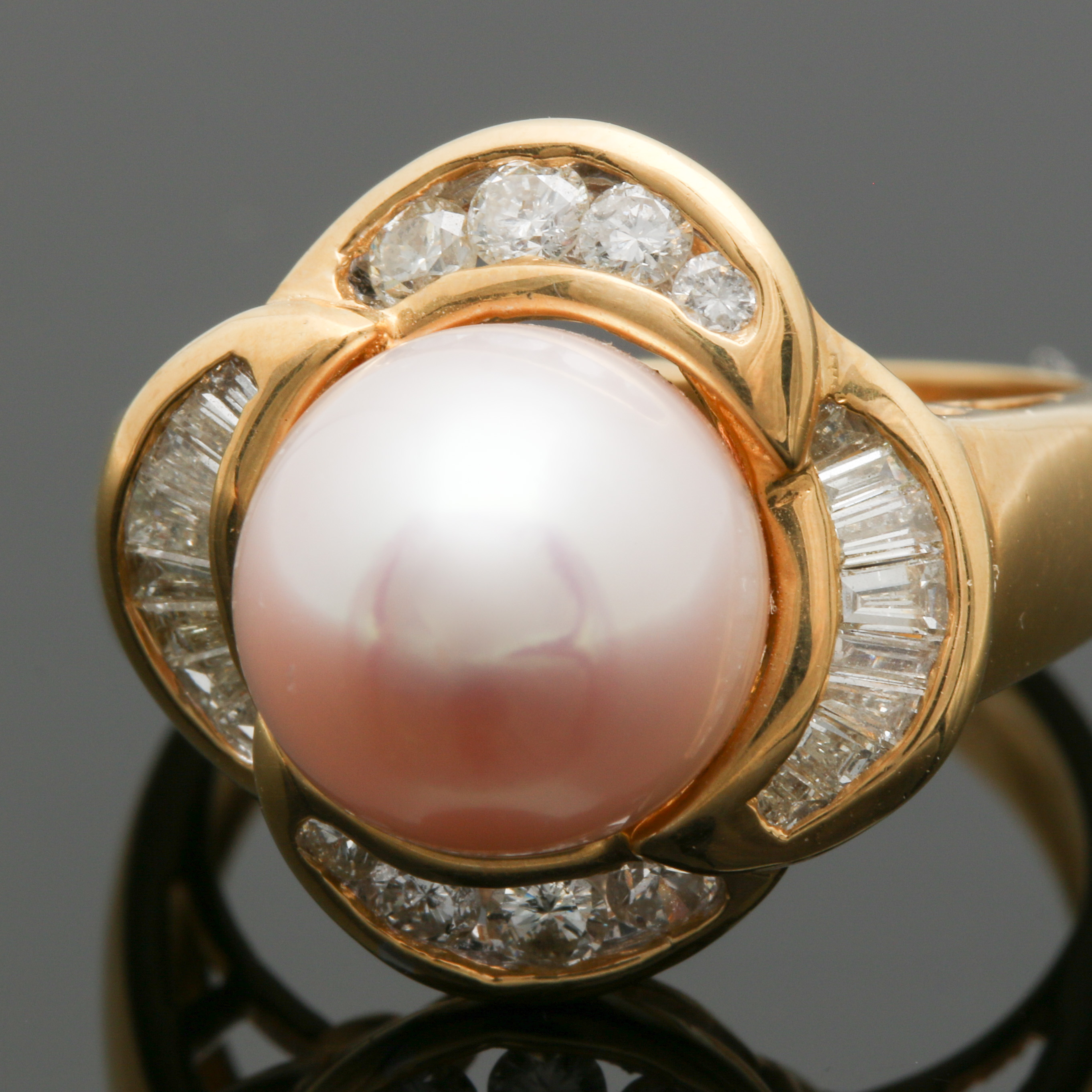 18K Yellow Gold Cultured Pearl and Diamond Ring