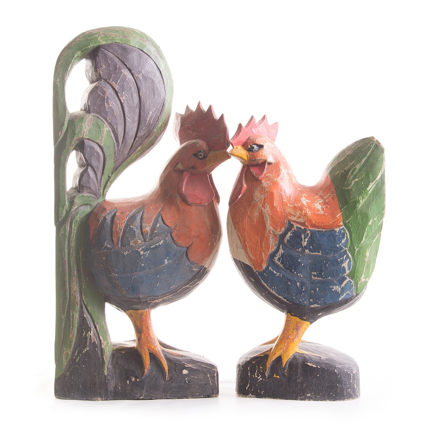 Indonesian Carved Wooden Chicken and Rooster