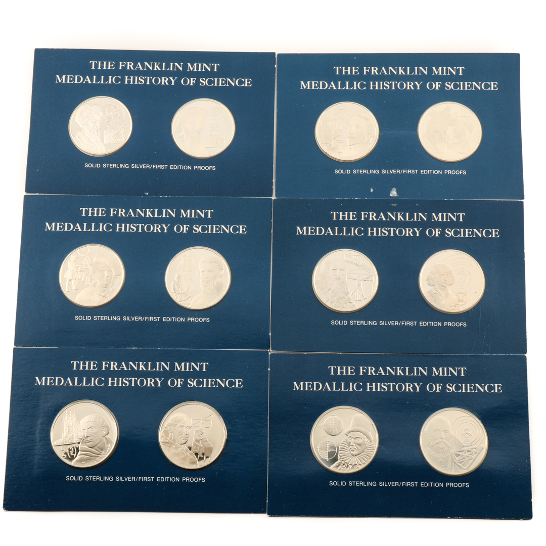 Twelve Franklin Mint "Medallic History of Science" Commemorative Silver Medals