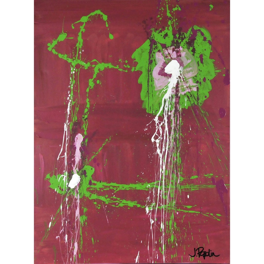"J. Popolin Original Acrylic on Canvas "Red with Green and White Accents"