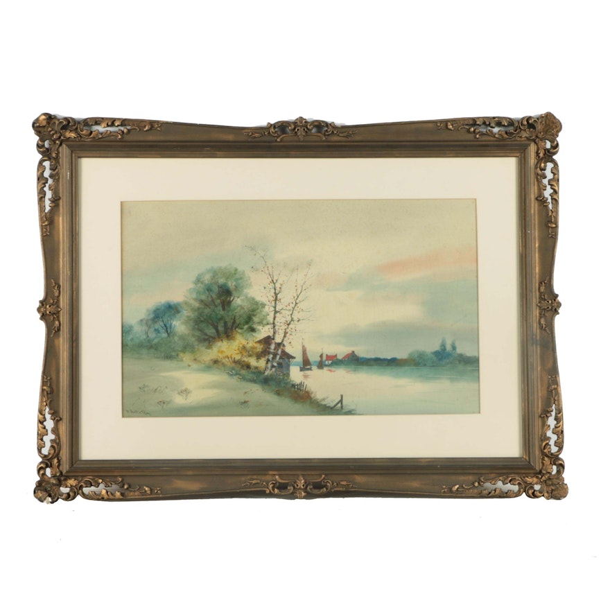 F. Austin Ray Watercolor Painting of a Lakeside