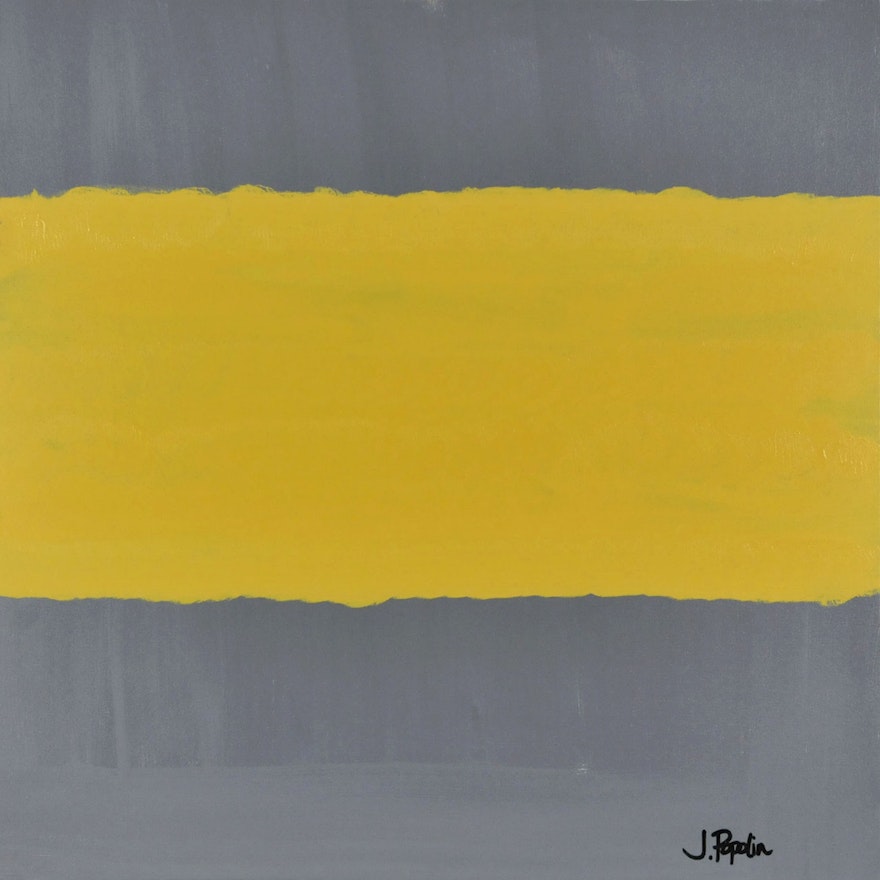 J. Popolin Original Contemporary Acrylic on Canvas "Grey with Yellow Field"