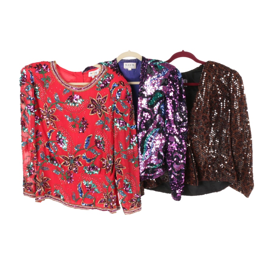 Women's Sequined and Beaded Tops Including Oleg Cassini