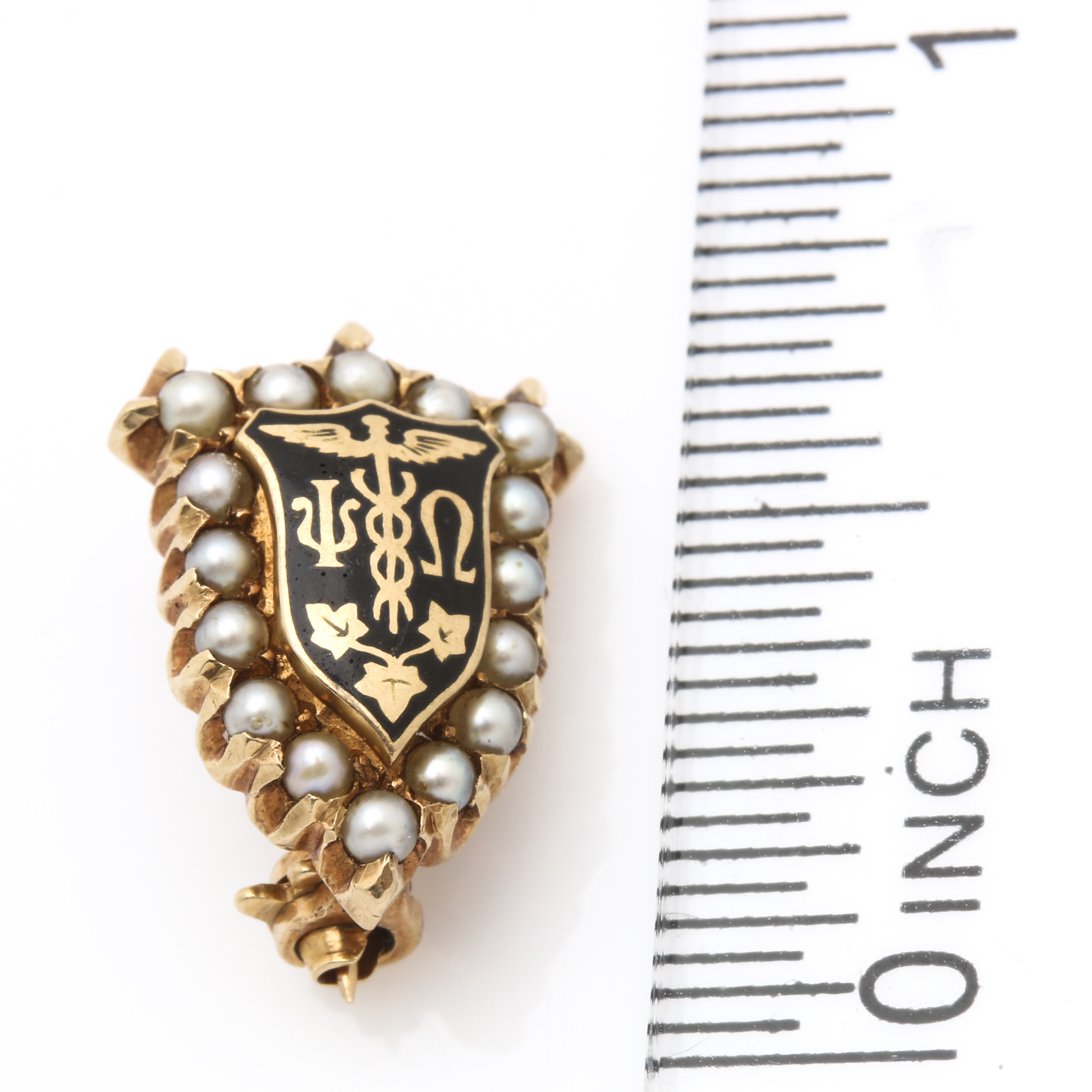 14K Yellow Gold Pearl and Enamel Insignia Pin