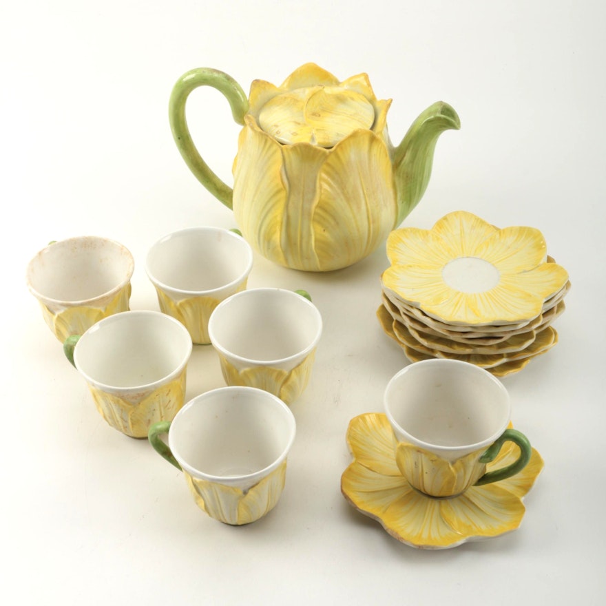 Italian Yellow and Green Floral Ceramic Tea Service
