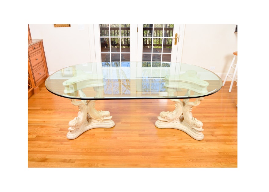Glass Top Dining Table with Dolphin Motif Double Pedestal Frame