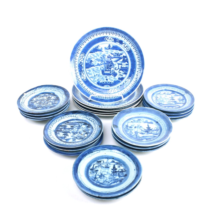 Antique Chinese Canton Blue and White Porcelain Plates, Circa 1850-1890