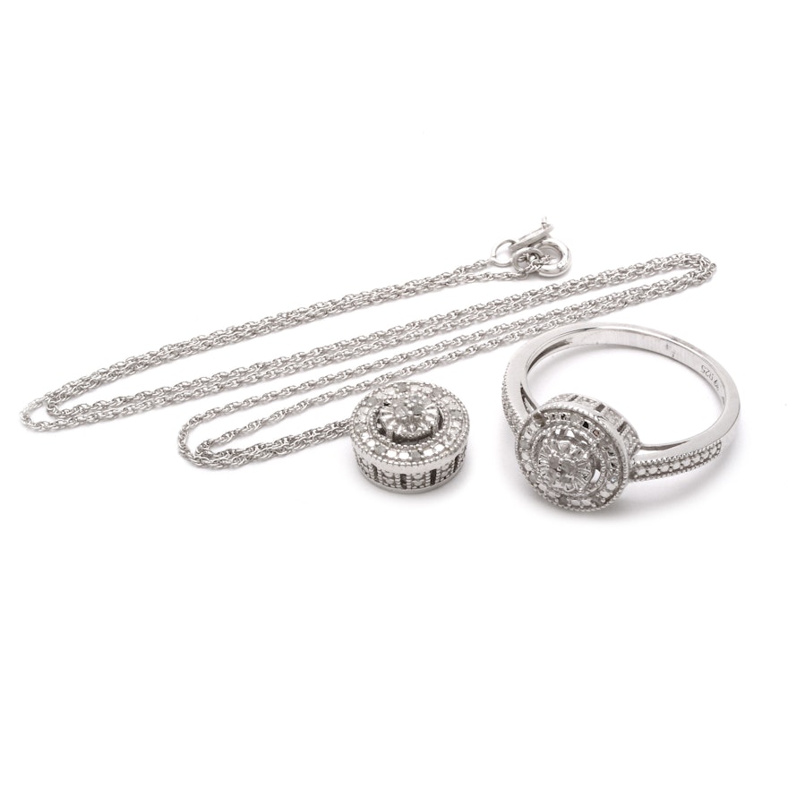 Pairing of Sterling Silver Diamond Adorned Ring and Pendant Necklace