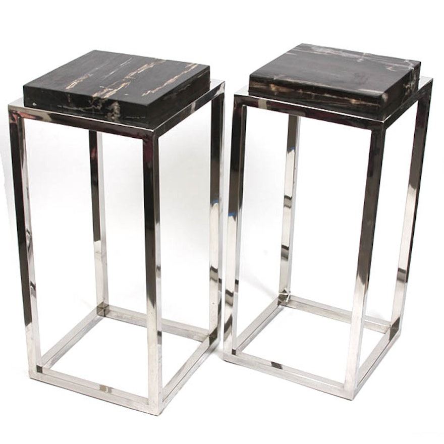 Mid Century Modern Chrome and Marble Side Tables