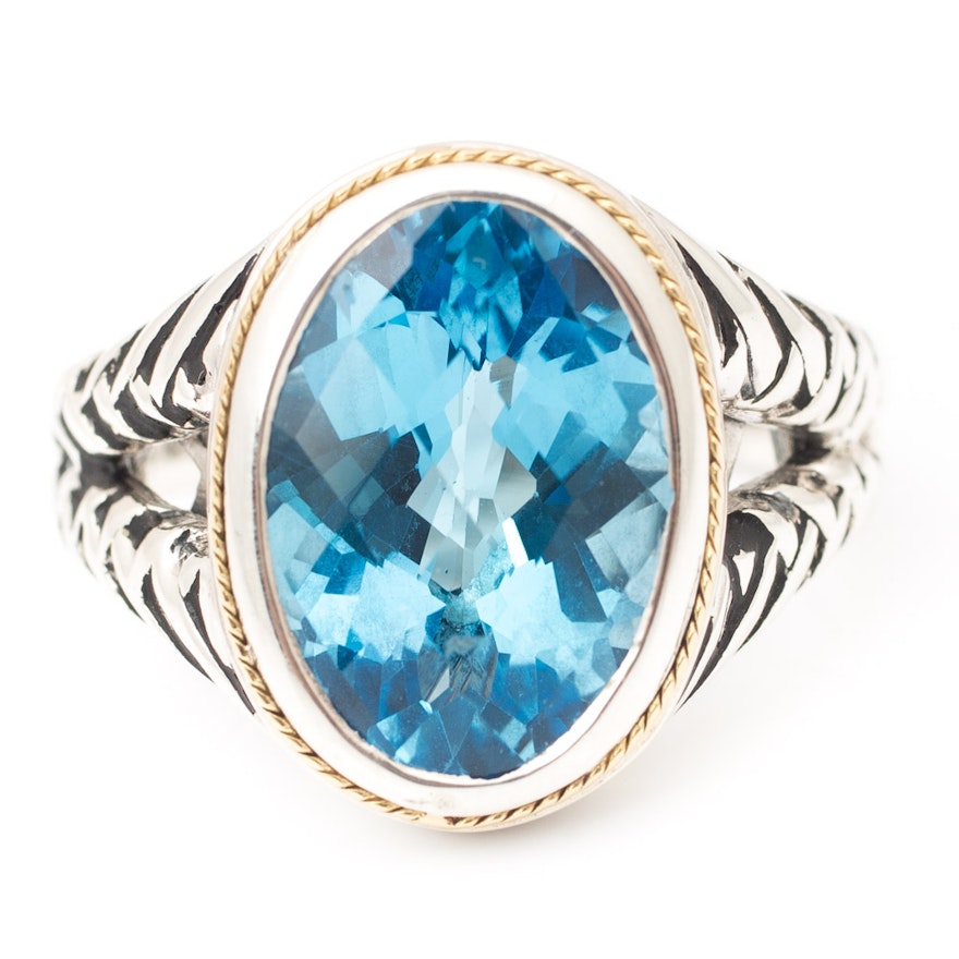 Sterling Silver Effy Blue Topaz Ring with 18K Yellow Gold Frame