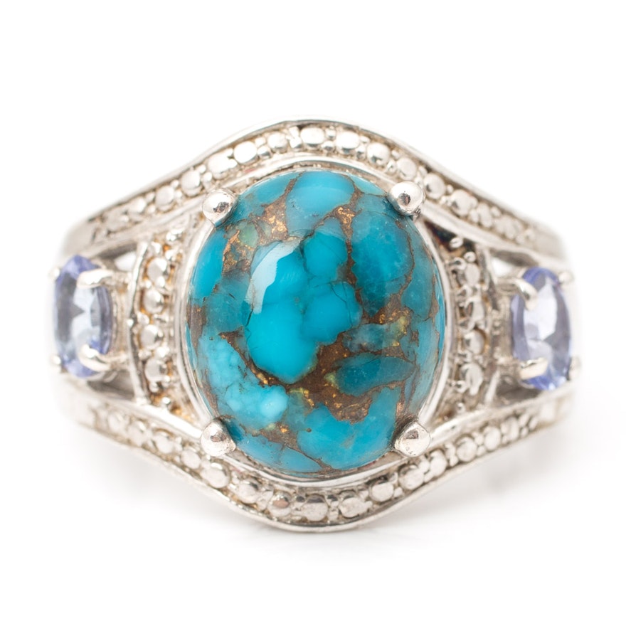 Sterling Silver Turquoise Ring with Tanzanite Side Stones