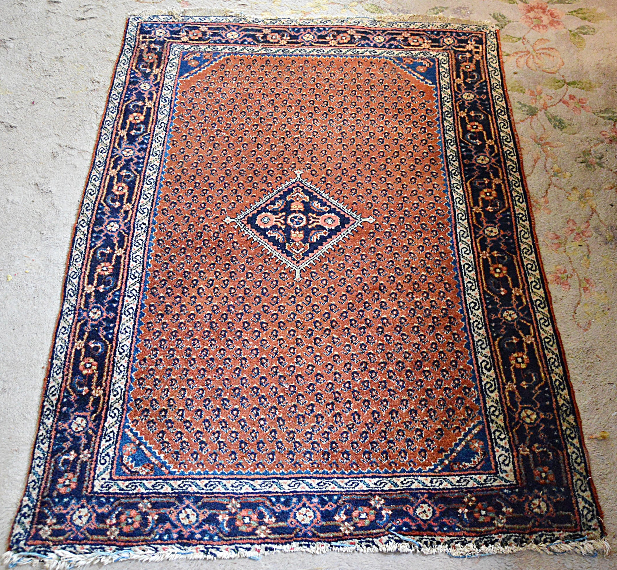 Semi-Antique Hand-Knotted Persian Mir Wool Accent Rug