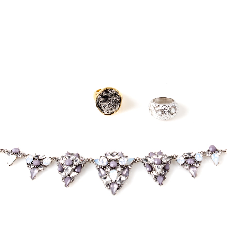 Costume Jewelry Featuring Rings and Rhinestone Necklace