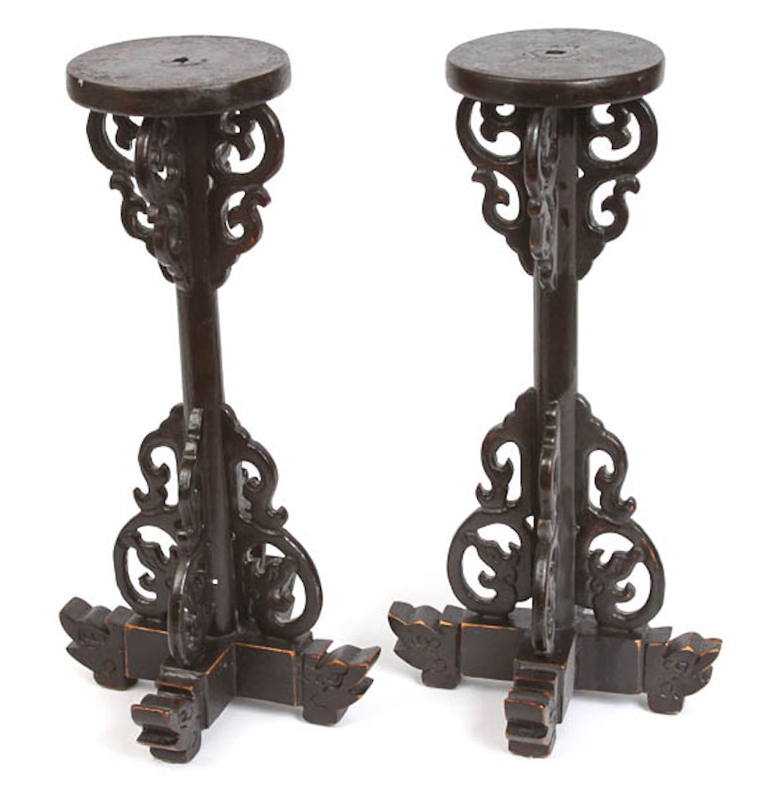 Matching Pair of Wood Pillar Candle Stands