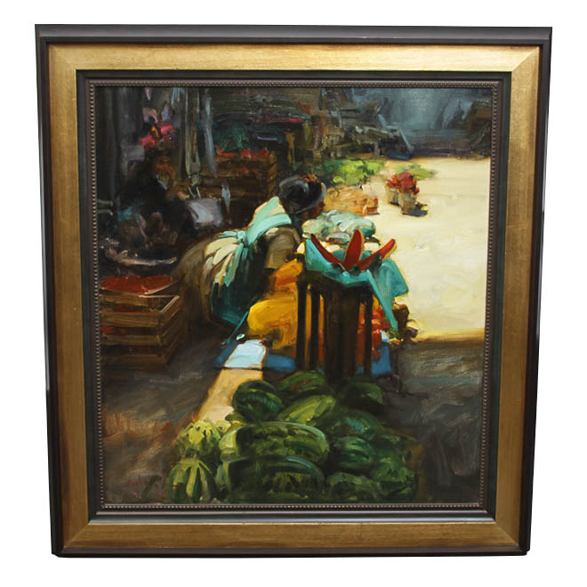 Kim English Framed Oil Painting of a Street Market