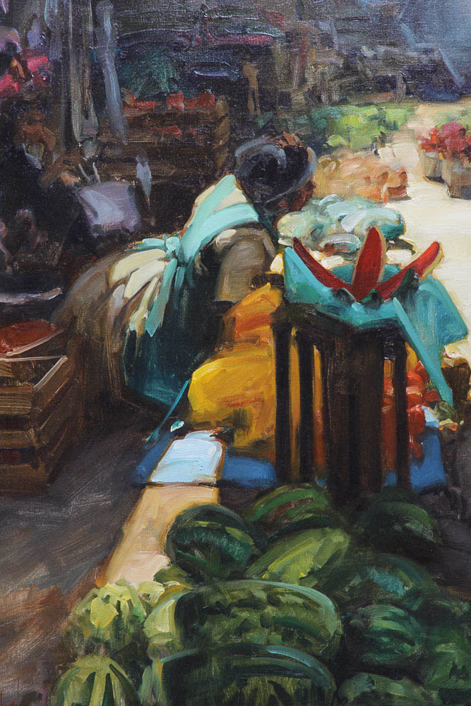 Kim English Framed Oil Painting of a Street Market