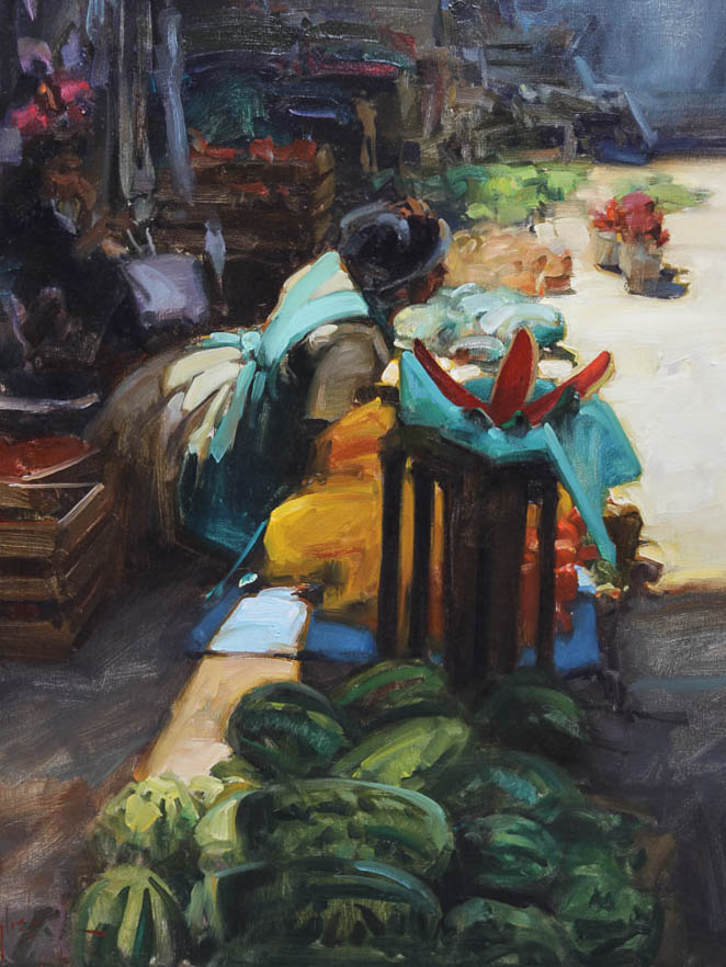 Kim English Framed Oil Painting of a Street Market