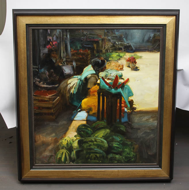 Kim English Framed Oil Painting of a Street Market