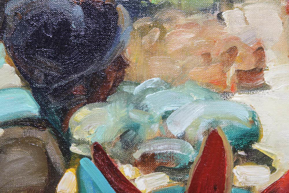 Kim English Framed Oil Painting of a Street Market