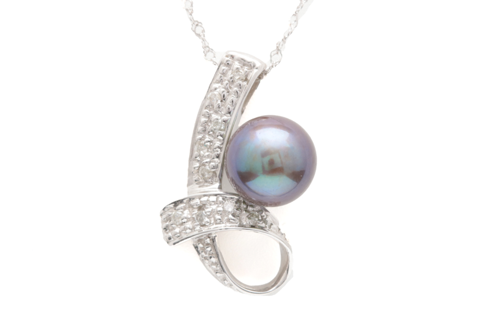 14K White Gold, Black Freshwater Pearl and Diamond Pendant with Chain