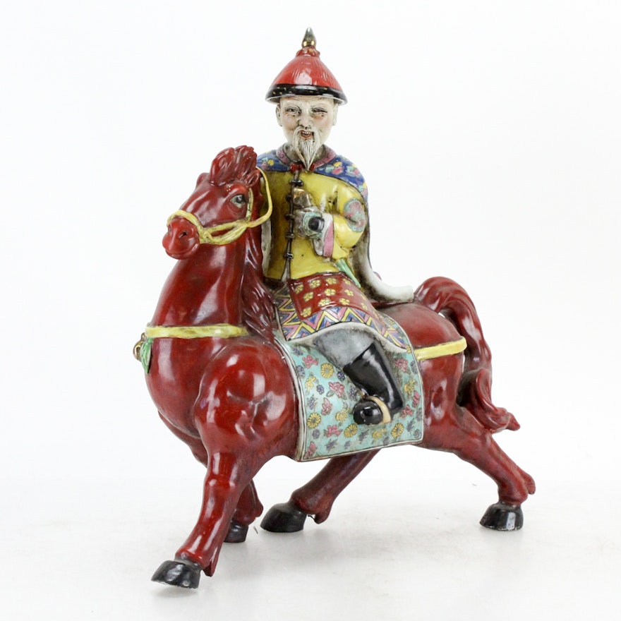 Chinese Rider Figurine on Red Horse
