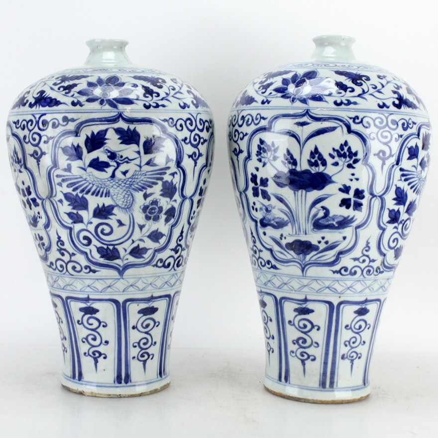 Pair of Chinese Blue and White Ceramic Plum Vases