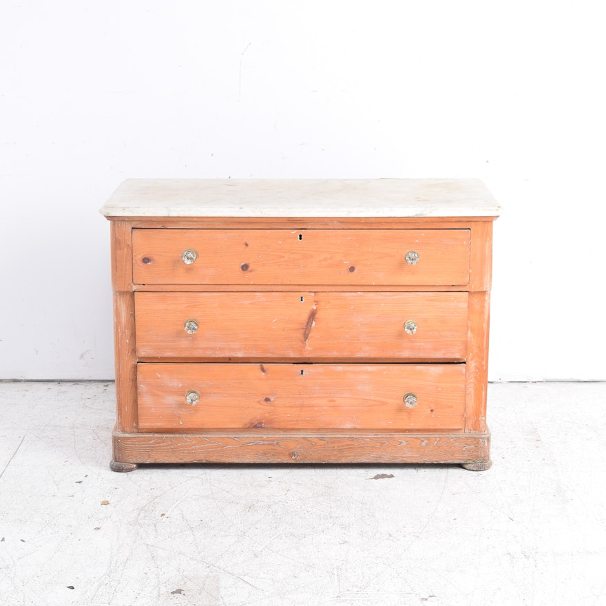 Antique Pine Chest of Drawers with Marble Top