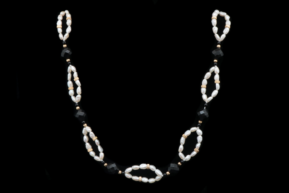 14K Yellow Gold, Freshwater Pearl and Black Chalcedony Necklace