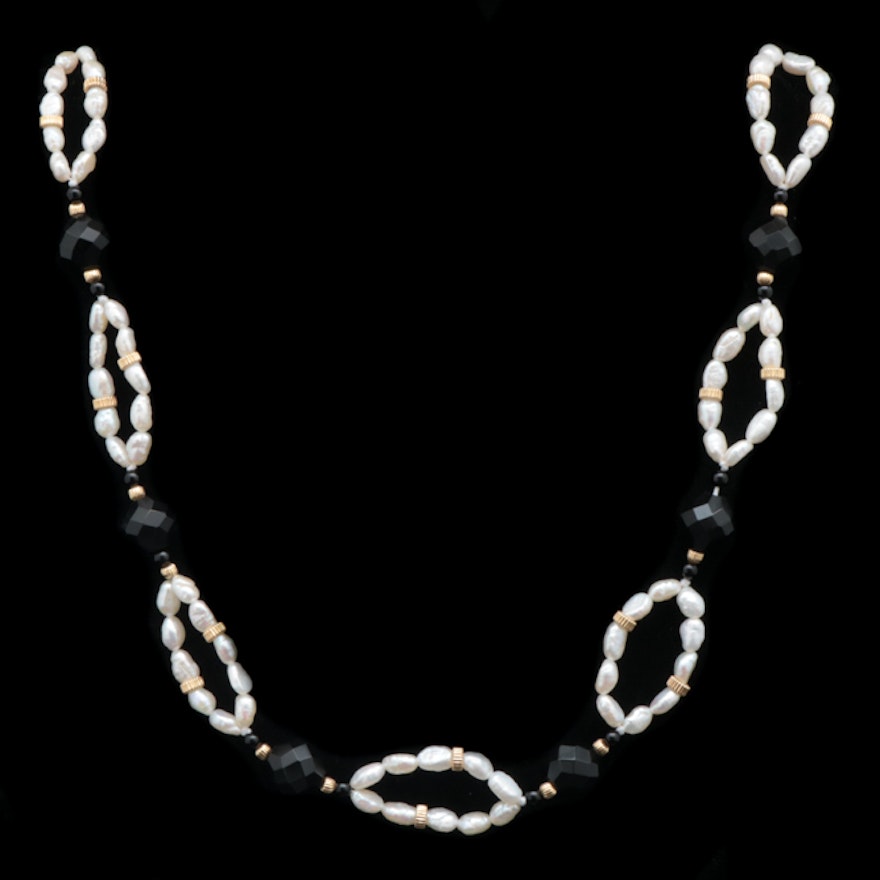 14K Yellow Gold, Freshwater Pearl and Black Chalcedony Necklace