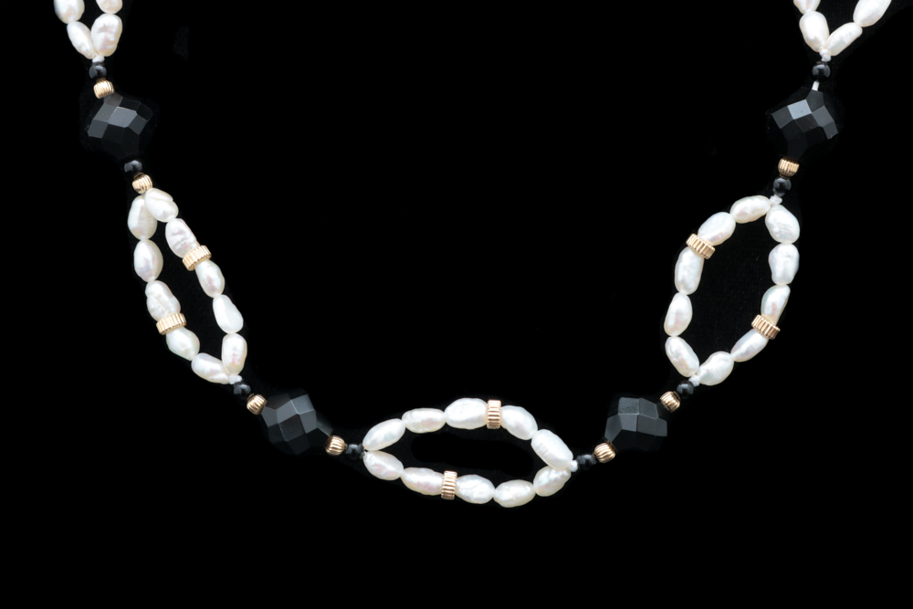 14K Yellow Gold, Freshwater Pearl and Black Chalcedony Necklace