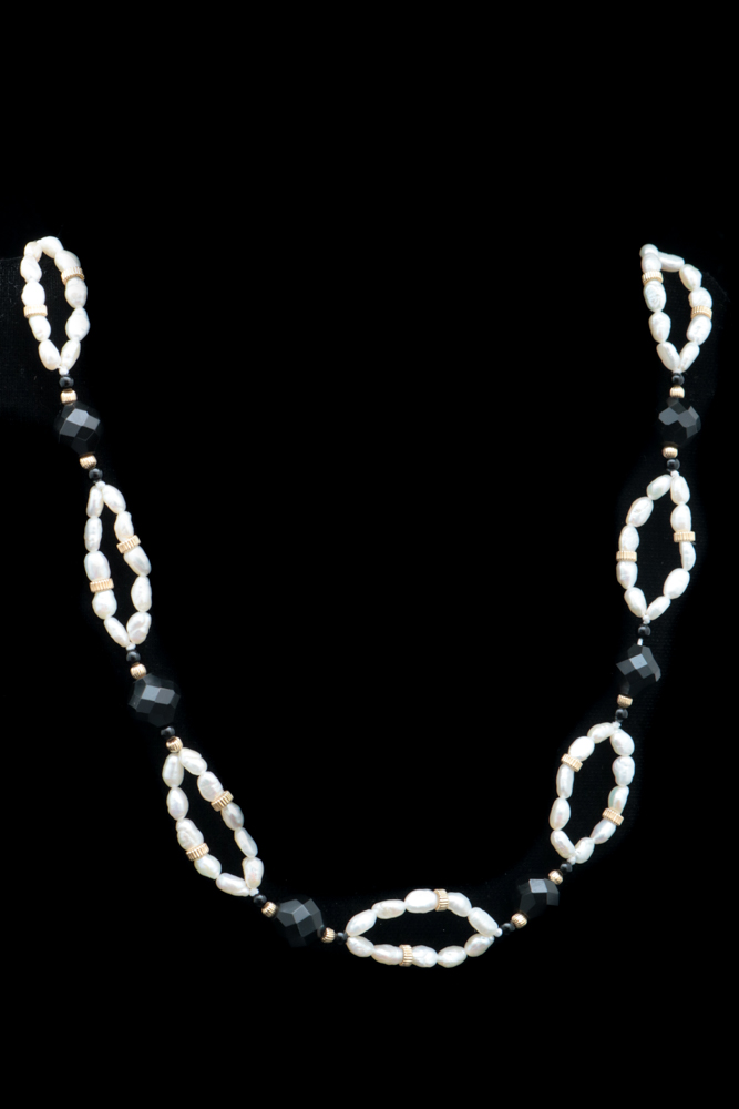 14K Yellow Gold, Freshwater Pearl and Black Chalcedony Necklace