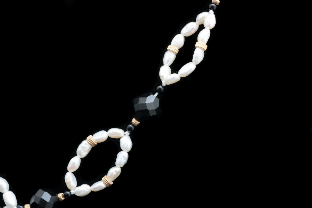 14K Yellow Gold, Freshwater Pearl and Black Chalcedony Necklace
